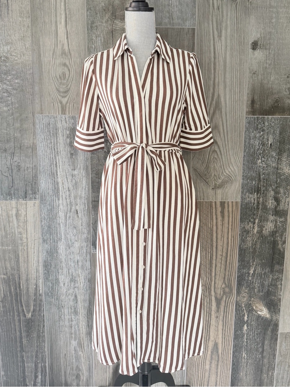 Autres Filles Linen Blend Belted Striped Shirt Dress